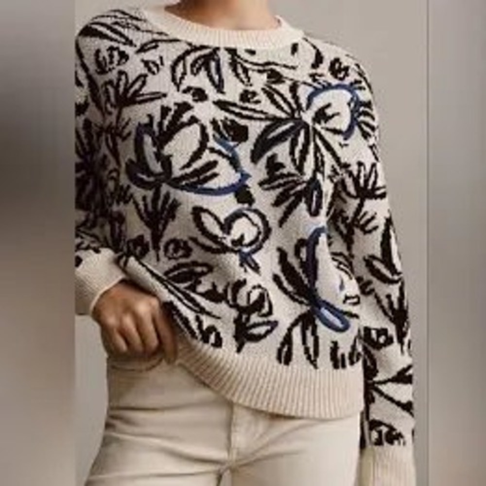 Anthropologie Floral Intarsia Knit Sweater Cream Black Blue Wool Blend Soft L